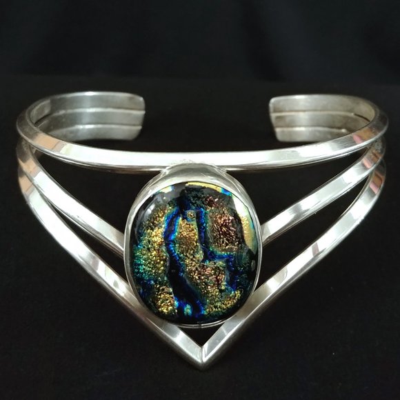Jaw-Dropping Triple Strand Heavy Gauge 925 Silver Dichroic RULA GLASS Bracelet - Picture 4 of 9